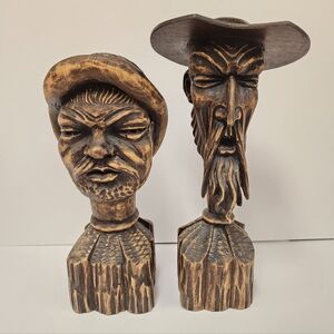 Hand-Carved Wooden Rustic Brown Don Quijote Busts -  Decorative Home Art